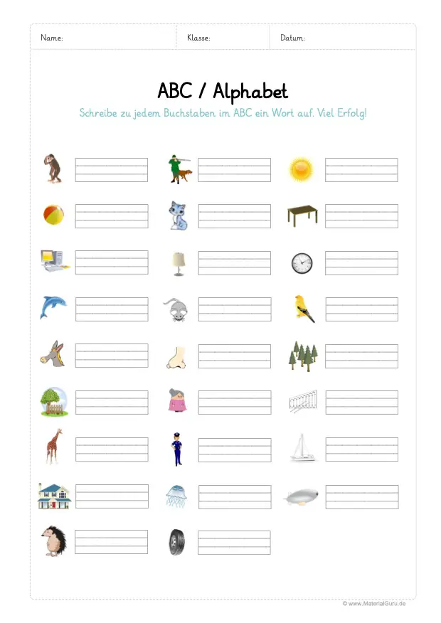 Arbeitsblatt: ABC / Alphabet aufschreiben mit Bildern