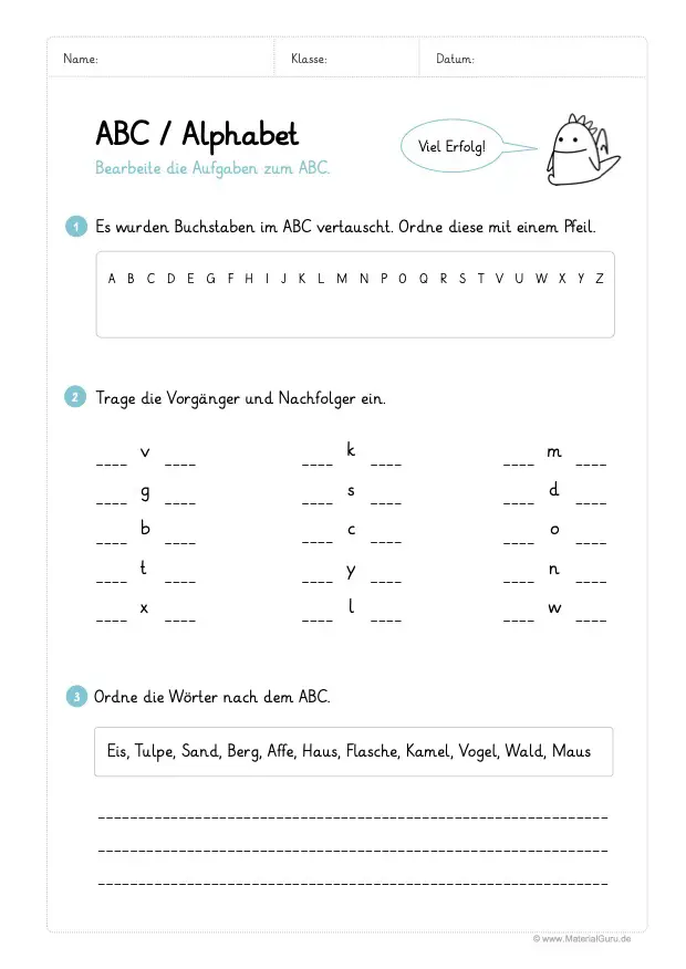 Arbeitsblatt: ABC / Alphabet Sortierung (Vorgänger & Nachfolger) 03