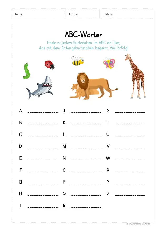 Arbeitsblatt: Zu jedem Buchstaben im ABC ein Tier aufschreiben