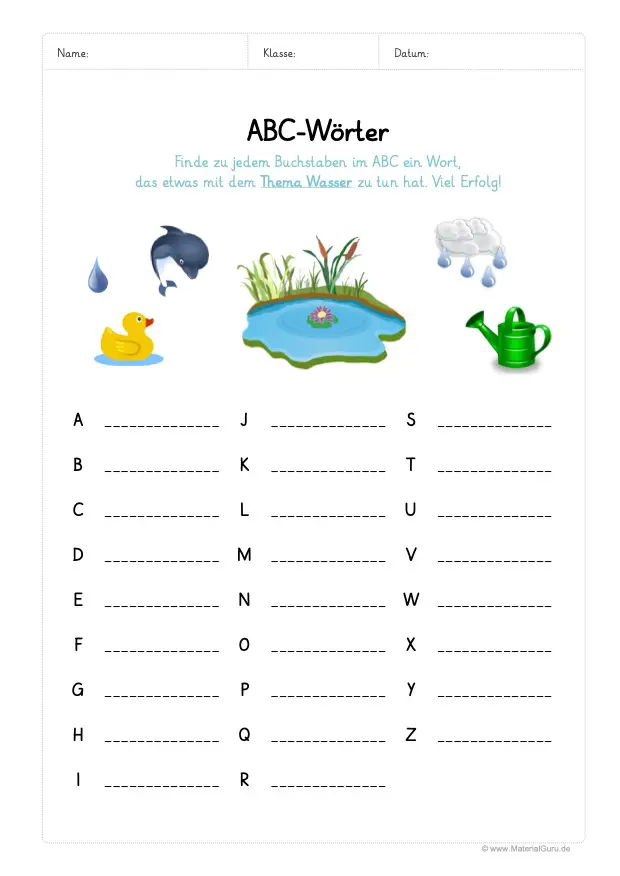 Arbeitsblatt: Zu jedem Buchstaben im ABC ein Wort zum Thema Wasser aufschreiben