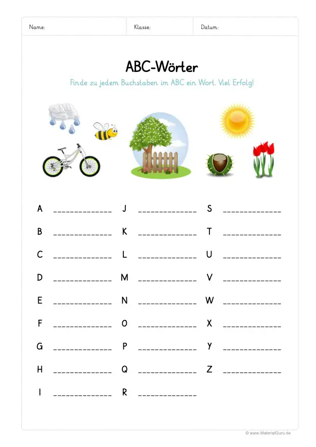 Arbeitsblatt: Zu jedem Buchstaben im ABC ein Wort aufschreiben