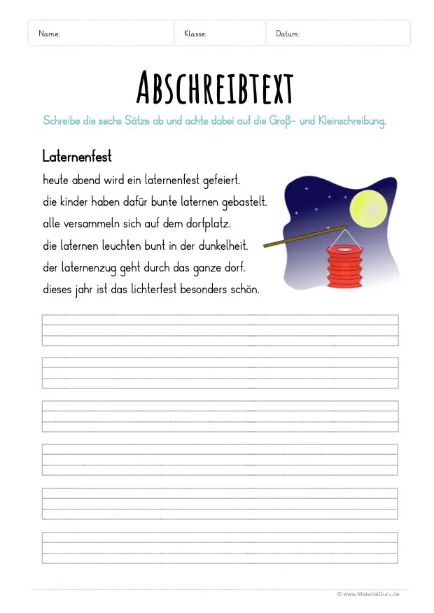 Arbeitsblatt: Text abschreiben - Laternenfest