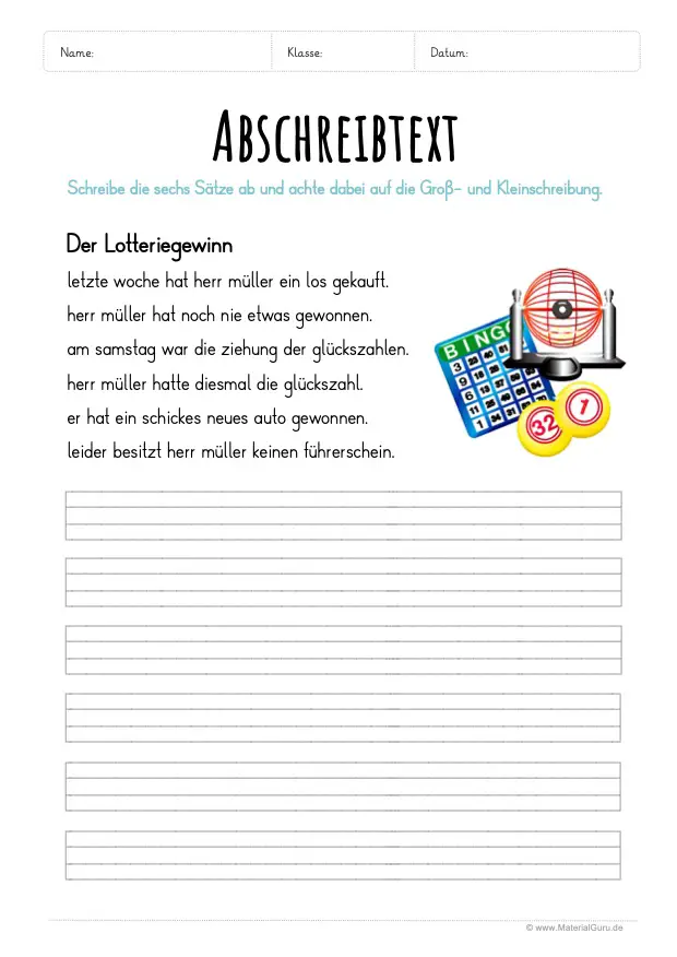 Arbeitsblatt: Text abschreiben - Der Lotteriegwinn