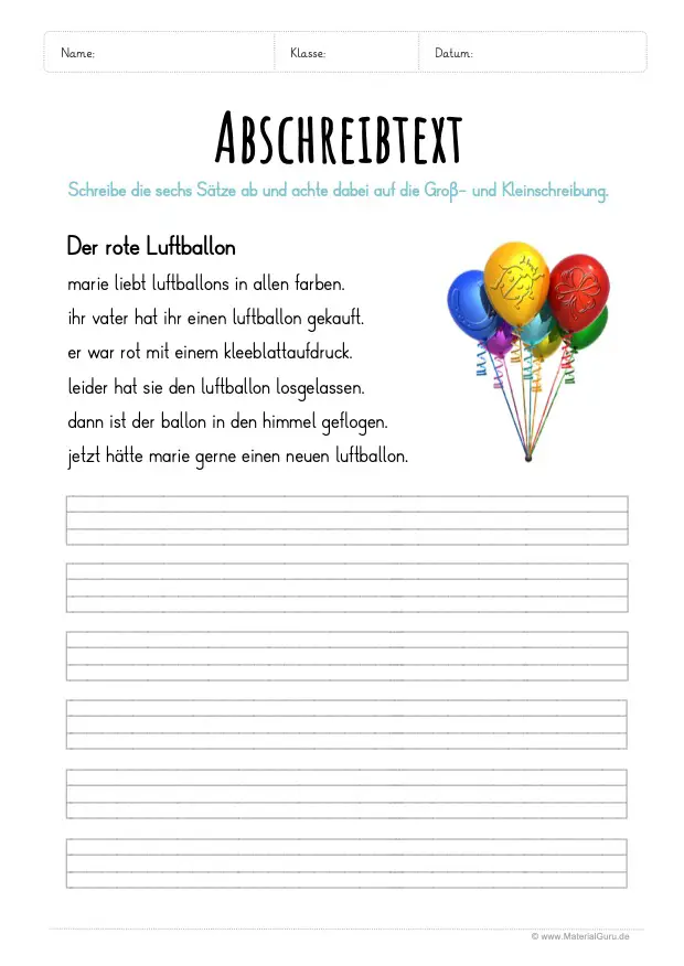 Arbeitsblatt: Text abschreiben - Der rote Luftballon