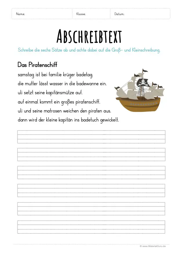 Arbeitsblatt: Text abschreiben - Piratenschiff