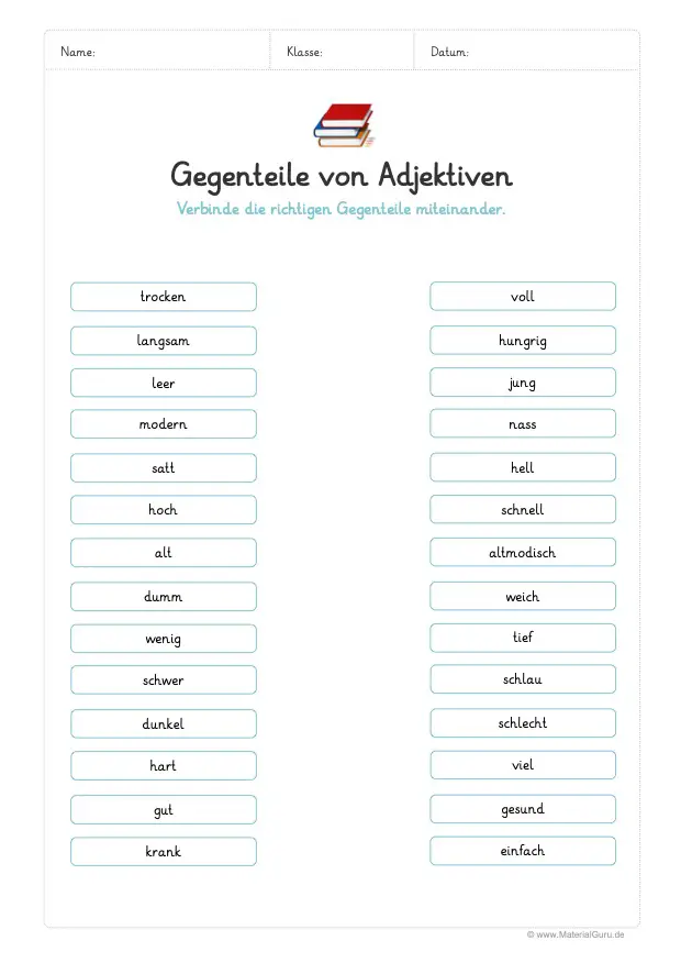 Arbeitsblatt: Gegenteile von Adjektiven miteinander verbinden