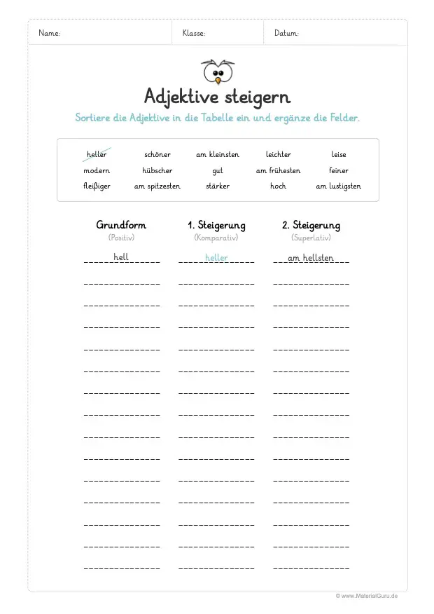 Arbeitsblatt: Gesteigerte Adjektive in Tabelle übertragen und ergänzen