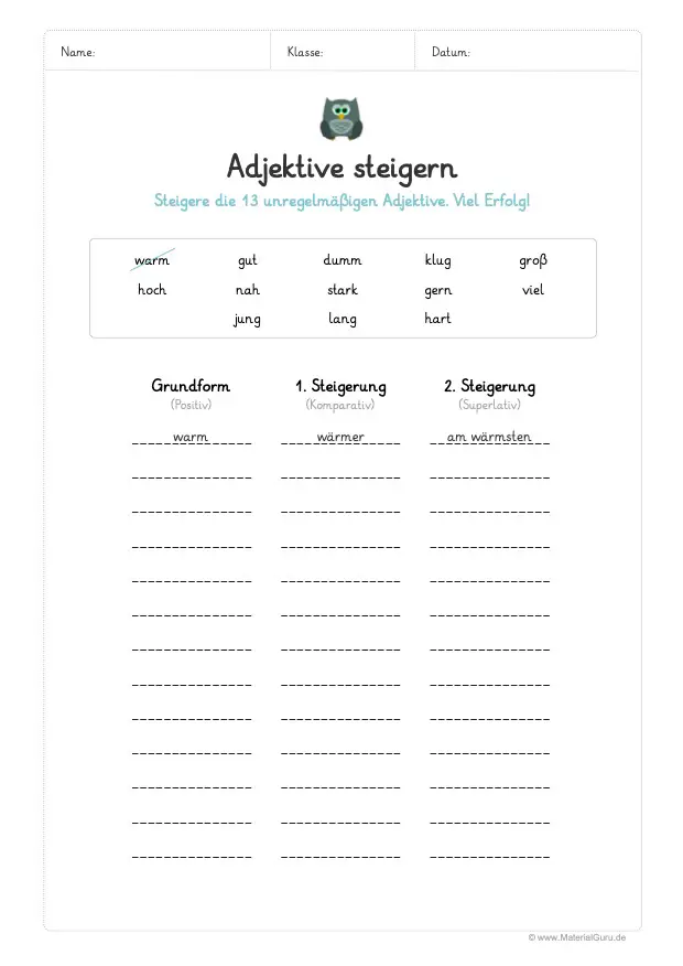 Arbeitsblatt: Unregelmäßige Adjektive steigern