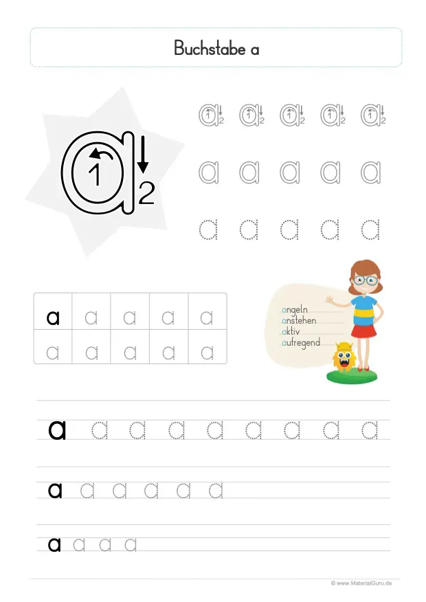 Arbeitsblatt: Buchstabe A (Druckschrift) - Kleinbuchstabe A