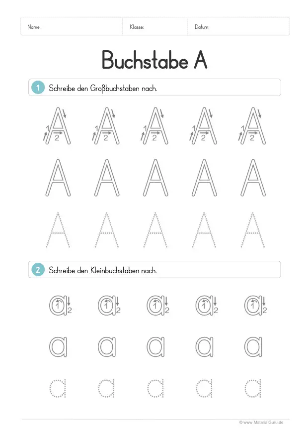 Arbeitsblatt: Buchstabe A (Druckschrift) - A und a nachspuren