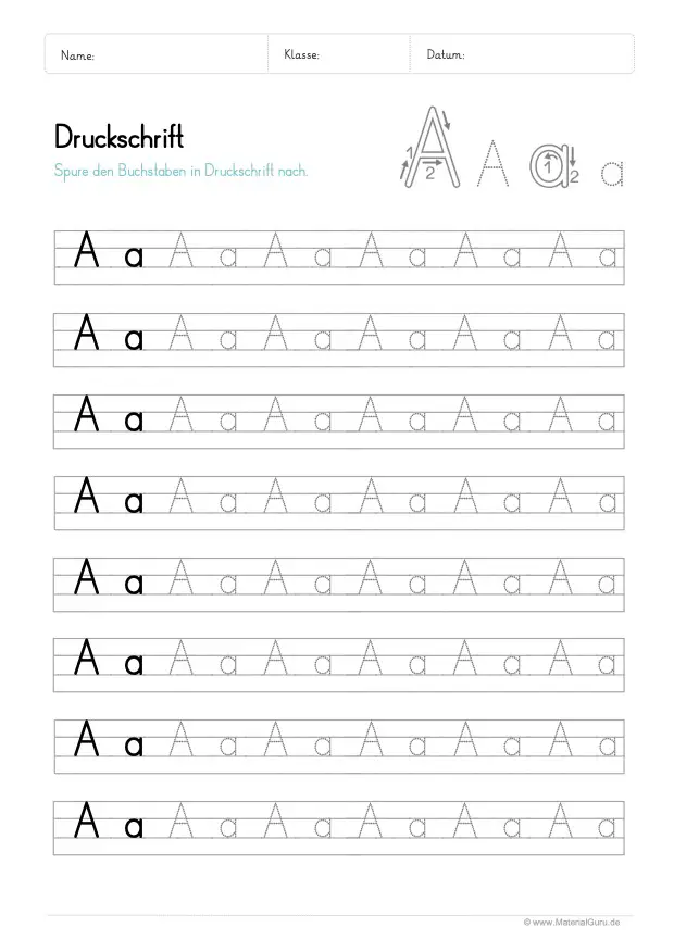 Arbeitsblatt: Druckschrift - Buchstabe A (Buchstabenmix)