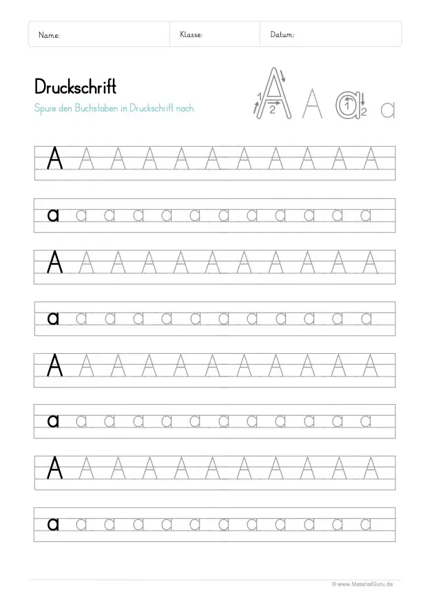 Arbeitsblatt: Druckschrift - Buchstabe A (Reihenmix)