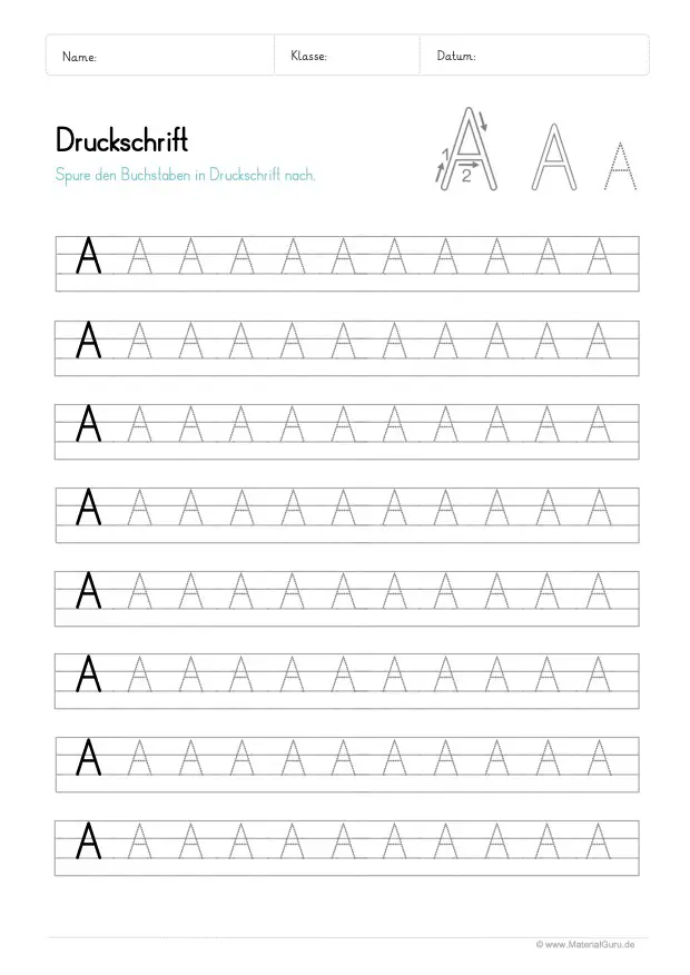 Arbeitsblatt: Großbuchstaben A in Druckschrift auf Linien schreiben