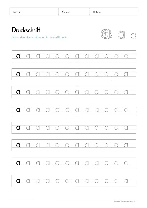 Arbeitsblatt: Kleinbuchstaben a in Druckschrift auf Linien schreiben