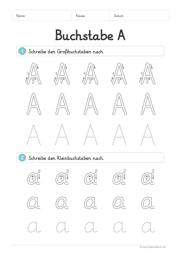 Arbeitsblatt: Buchstabe A (Grundschrift) - A und a nachspuren