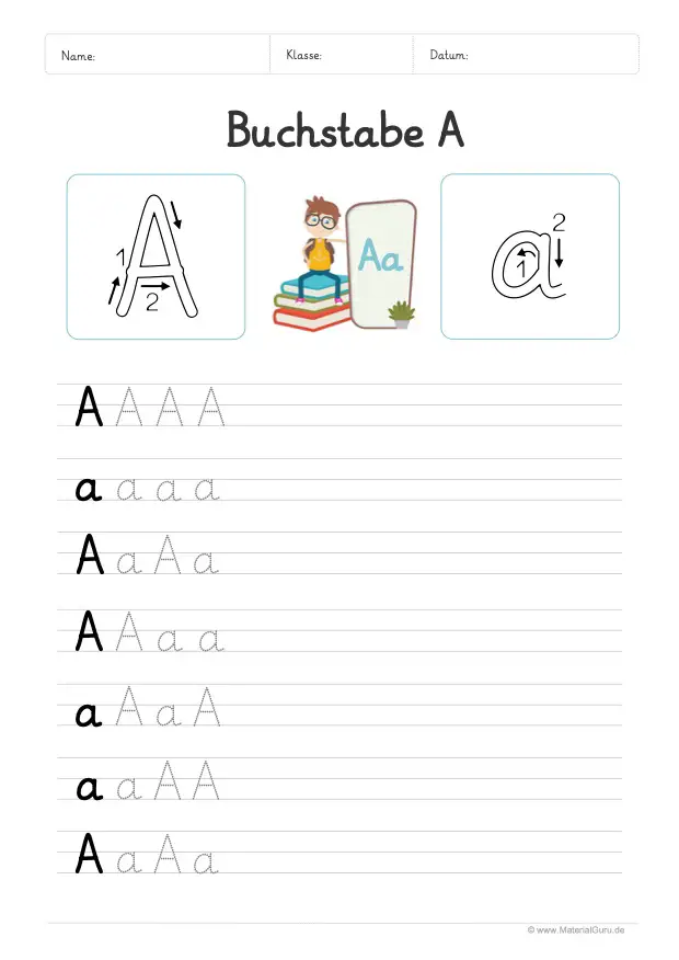 Arbeitsblatt: Buchstabe A (Grundschrift) - A und a auf Linien schreiben