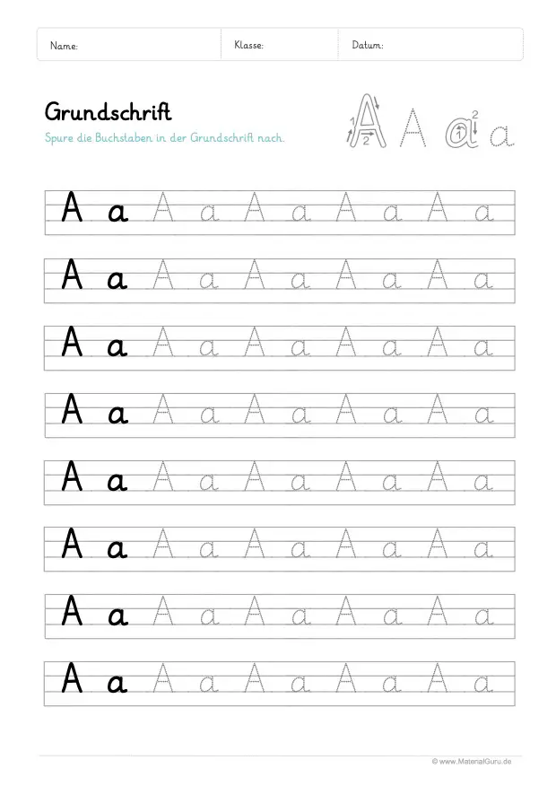 Arbeitsblatt: Grundschrift - Buchstabe A (Buchstabenmix)