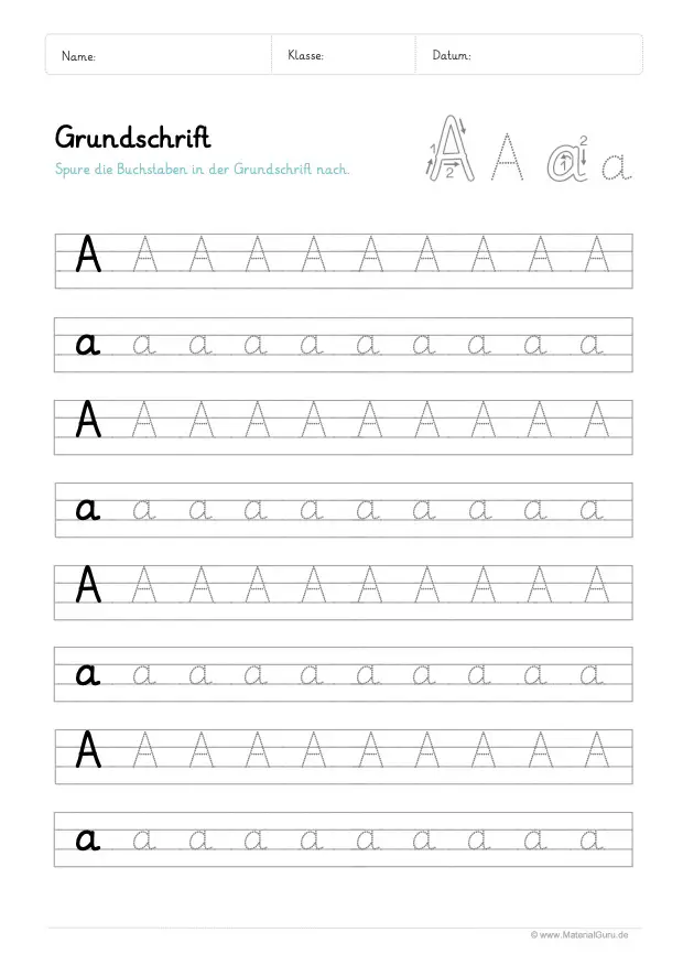 Arbeitsblatt: Grundschrift - Buchstabe A (Reihenmix)