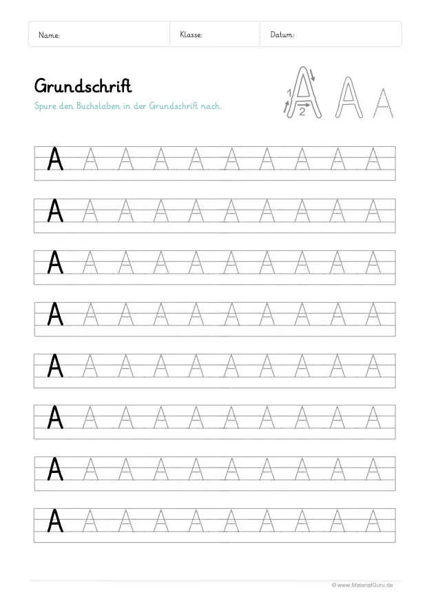 Arbeitsblatt: Großbuchstaben A in Grundschrift auf Linien schreiben