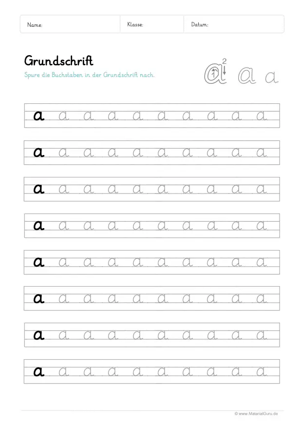 Arbeitsblatt: Kleinbuchstaben a in Grundschrift auf Linien schreiben