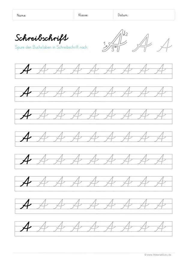 Arbeitsblatt: Großbuchstaben A in Schreibschrift auf Linien schreiben