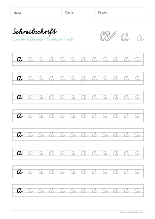 Arbeitsblatt: Kleinbuchstaben a in Schreibschrift auf Linien schreiben