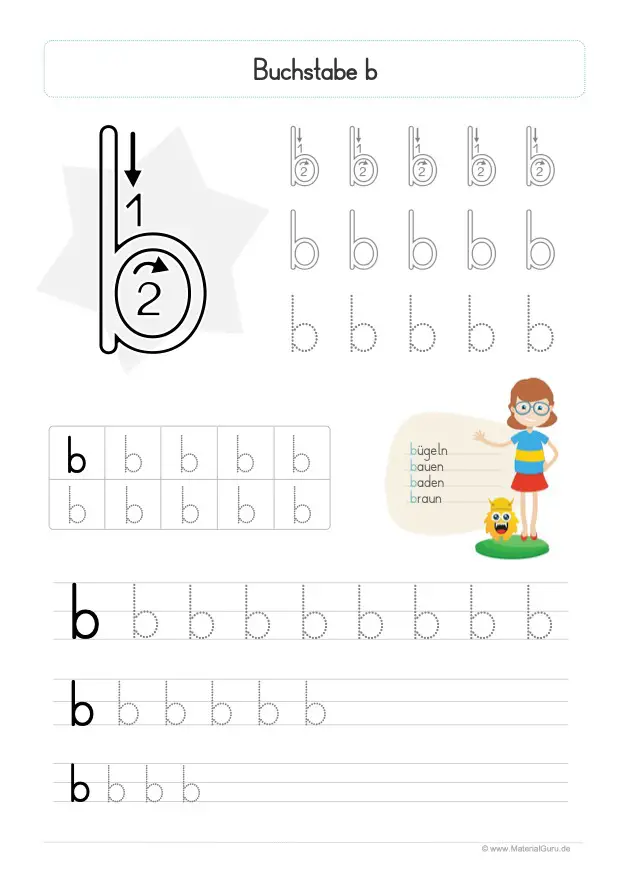 Arbeitsblatt: Buchstabe B (Druckschrift) - Kleinbuchstabe B