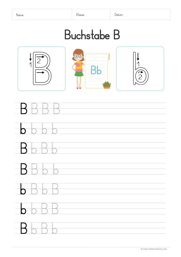 Arbeitsblatt: Buchstabe B (Druckschrift) - B und b auf Linien schreiben