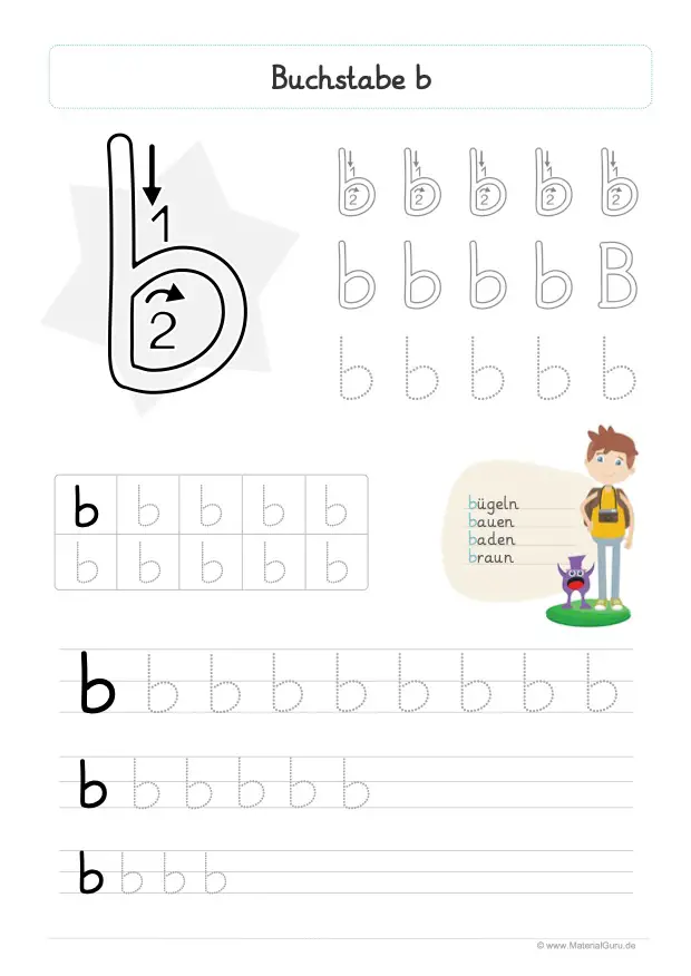 Arbeitsblatt: Buchstabe B (Grundschrift) - Kleinbuchstabe B