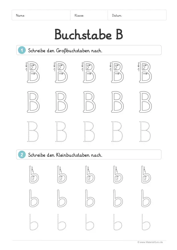 Arbeitsblatt: Buchstabe B (Grundschrift) - B und b nachspuren