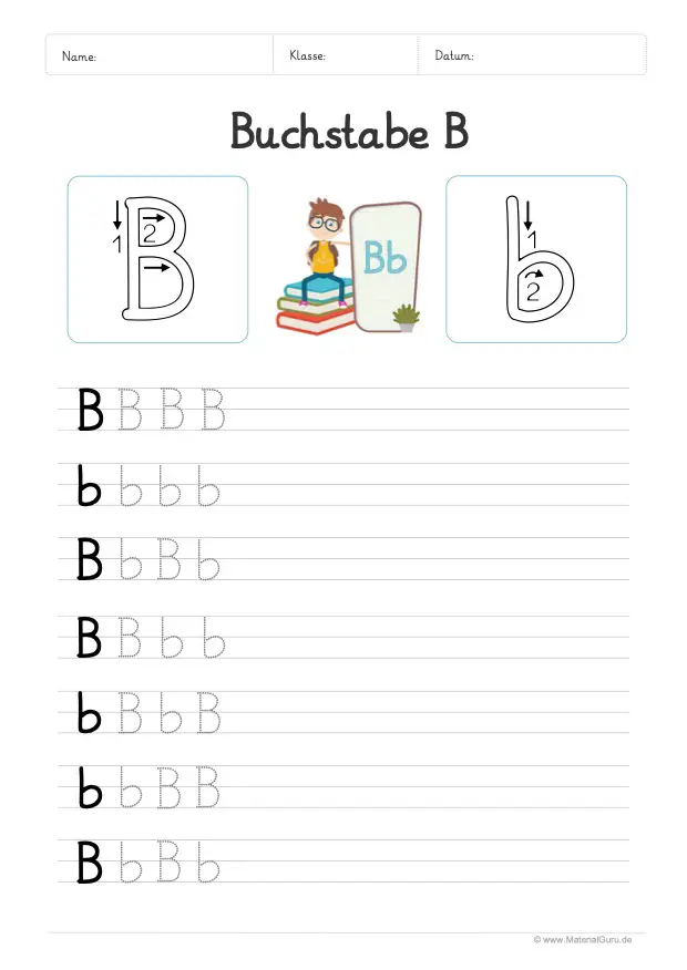Arbeitsblatt: Buchstabe B (Grundschrift) - B und b auf Linien schreiben