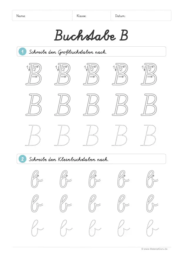 Arbeitsblatt: Buchstabe B (Schreibschrift) - B und b nachspuren