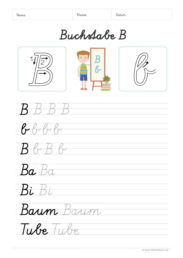 Arbeitsblatt: Buchstabe B (Schreibschrift) - B und b auf Linien schreiben