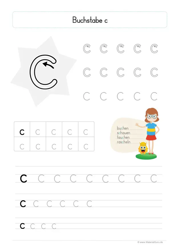 Arbeitsblatt: Buchstabe C (Druckschrift) - Kleinbuchstabe C