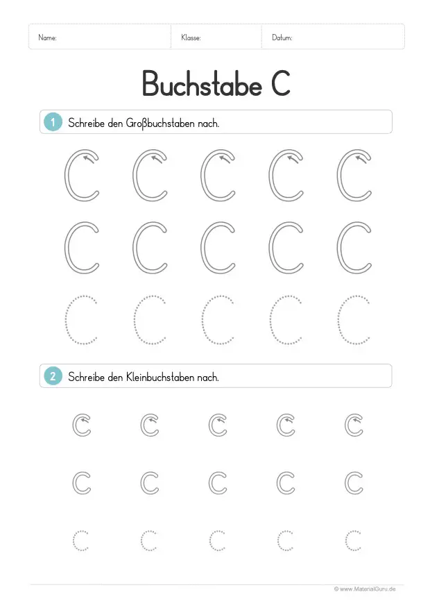 Arbeitsblatt: Buchstabe C (Druckschrift) - C und c nachspuren