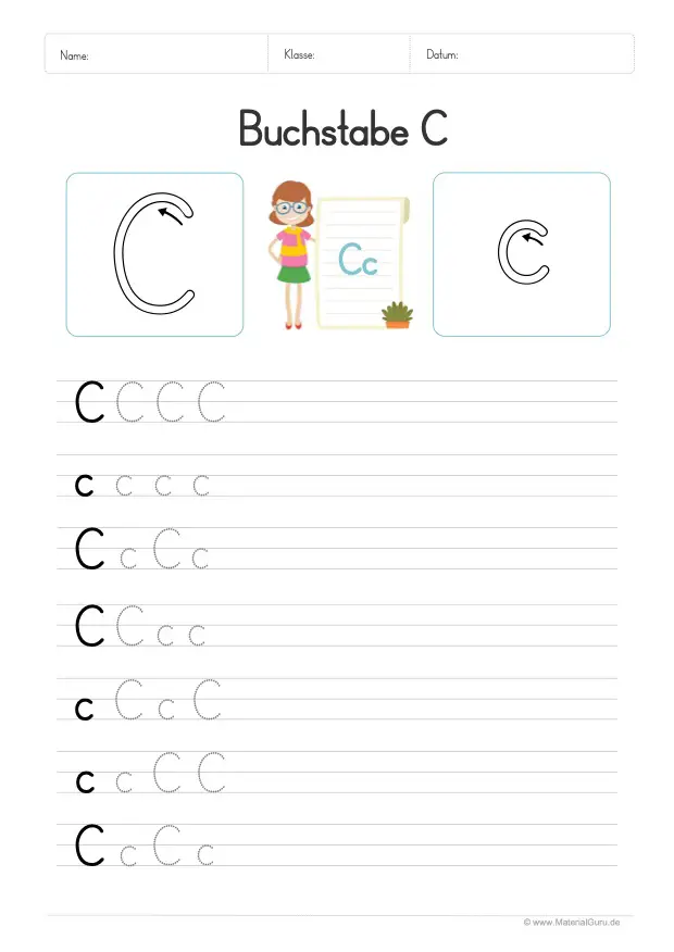 Arbeitsblatt: Buchstabe C (Druckschrift) - C und c auf Linien schreiben