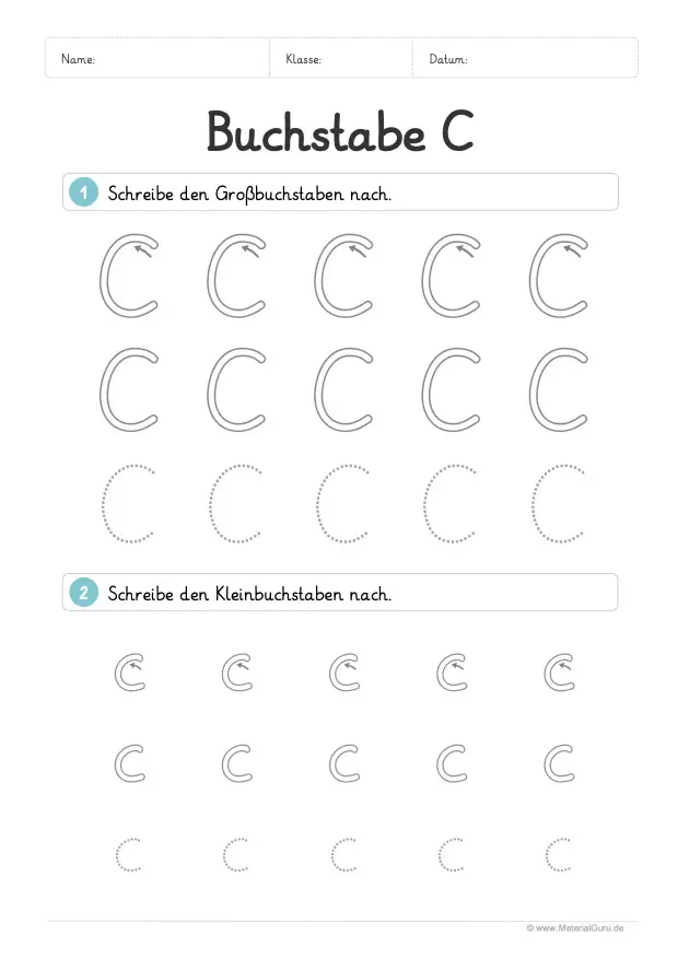 Arbeitsblatt: Buchstabe C (Grundschrift) - C und c nachspuren