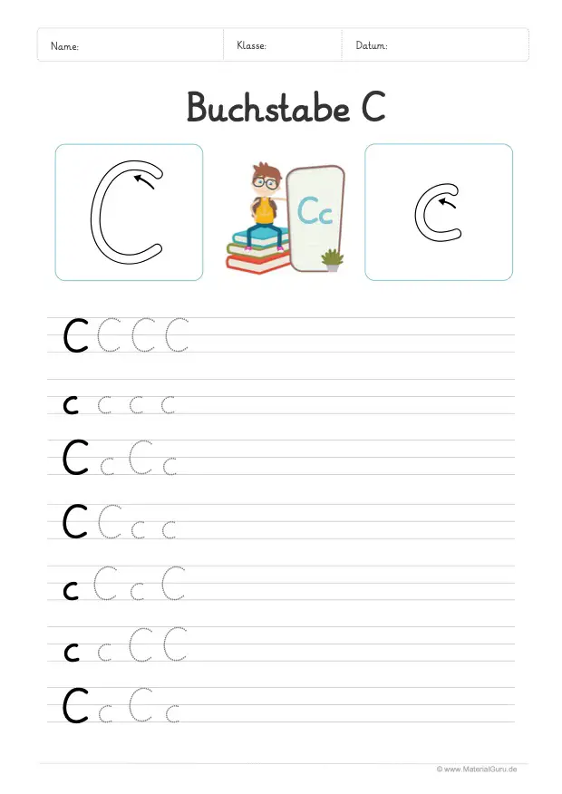 Arbeitsblatt: Buchstabe C (Grundschrift) - C und c auf Linien schreiben
