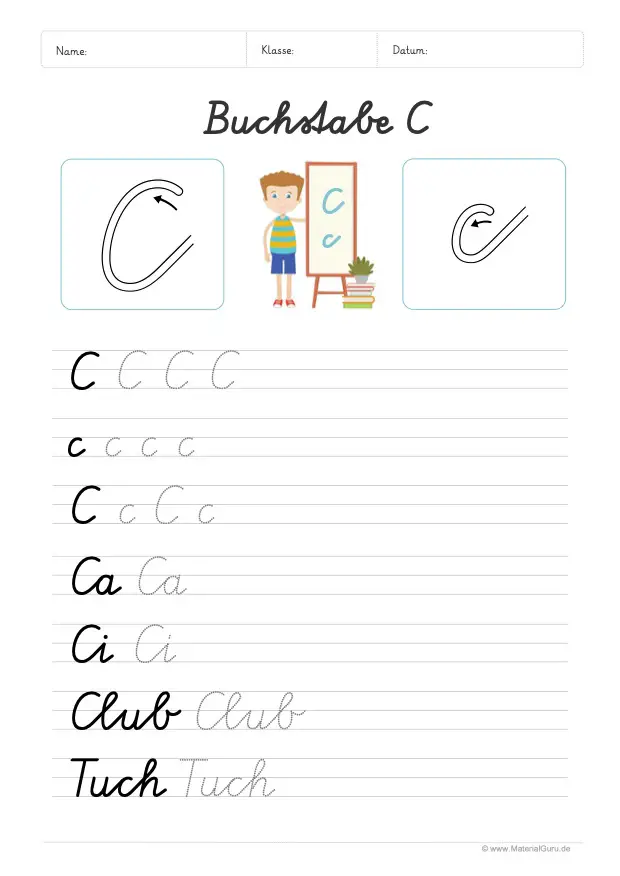 Arbeitsblatt: Buchstabe C (Schreibschrift) - C und c auf Linien schreiben