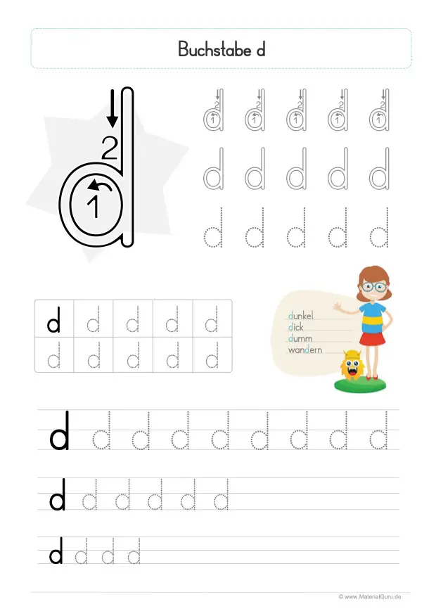 Arbeitsblatt: Buchstabe D (Druckschrift) - Kleinbuchstabe D