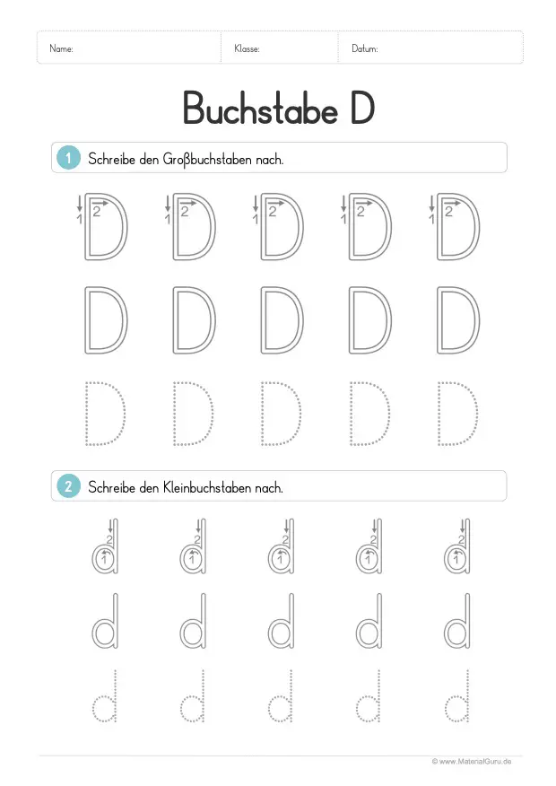 Arbeitsblatt: Buchstabe D (Druckschrift) - D und d nachspuren