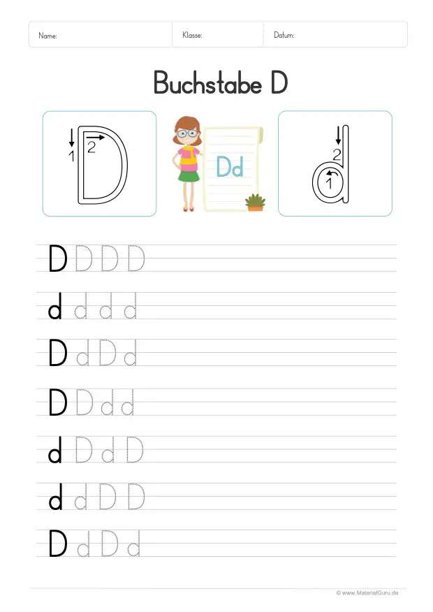 Arbeitsblatt: Buchstabe D (Druckschrift) - D und d auf Linien schreiben
