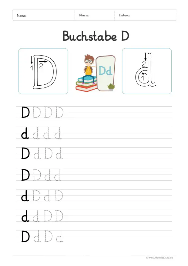 Arbeitsblatt: Buchstabe D (Grundschrift) - D und d auf Linien schreiben
