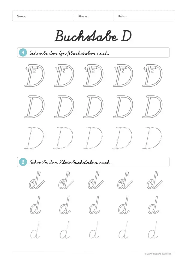 Arbeitsblatt: Buchstabe D (Schreibschrift) - D und d nachspuren