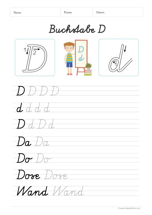 Arbeitsblatt: Buchstabe D (Schreibschrift) - D und d auf Linien schreiben