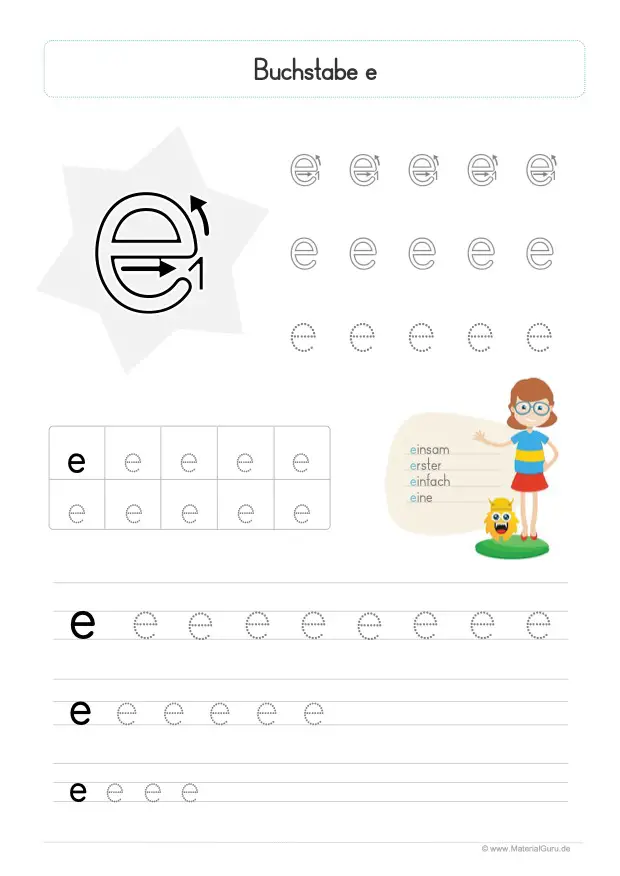 Arbeitsblatt: Buchstabe E (Druckschrift) - Kleinbuchstabe E