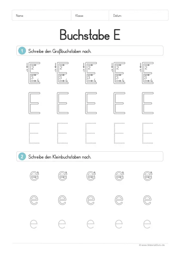 Arbeitsblatt: Buchstabe E (Druckschrift) - E und e nachspuren