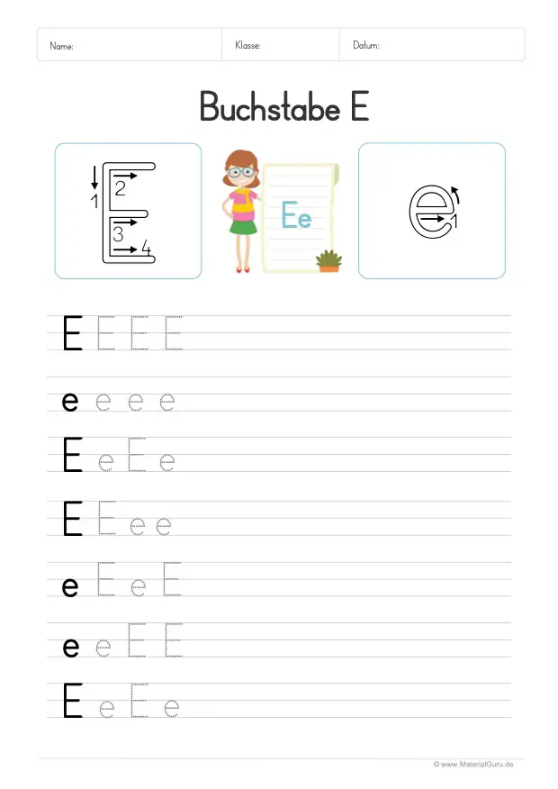 Arbeitsblatt: Buchstabe E (Druckschrift) - E und e auf Linien schreiben
