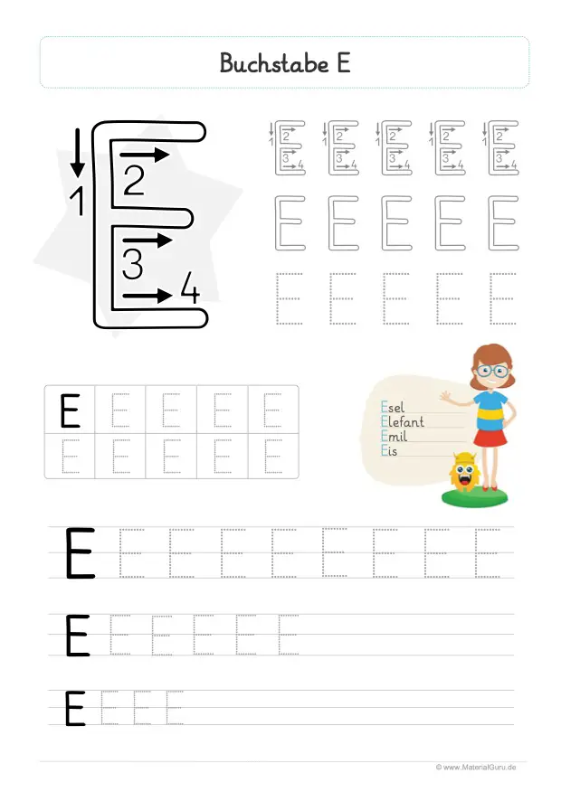 Arbeitsblatt: Buchstabe E (Grundschrift) - Großbuchstabe E