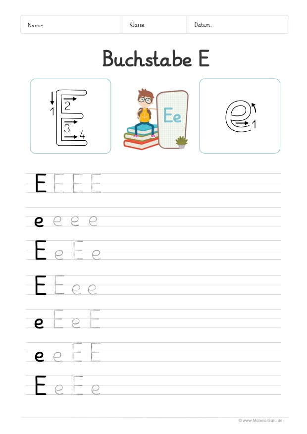 Arbeitsblatt: Buchstabe E (Grundschrift) - E und e auf Linien schreiben